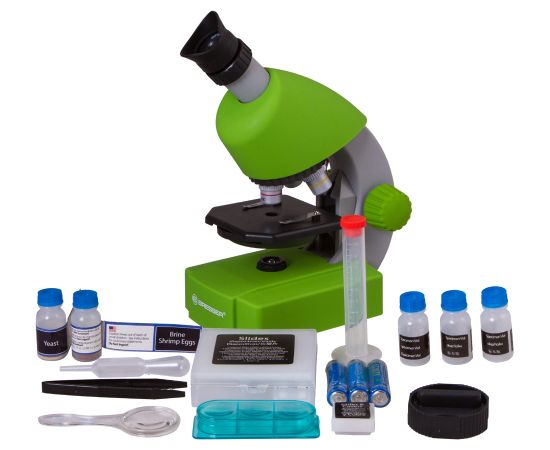Mikroskops, Bresser Juniors 40x-640x, Zaļš ar eksperimenta komplektu, ar telefona adapteri