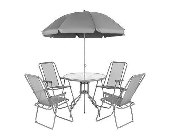 Saska Garden Dārza mēbeļu komplekts, galds, 4 krēsli un tumši pelēks lietussargs