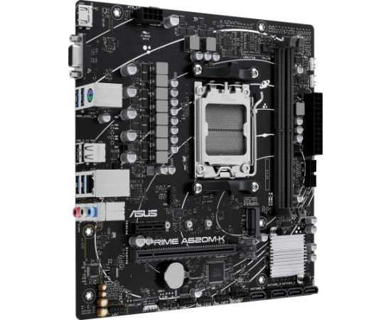 Asus PRIME A620M-K Processor family AMD, Processor socket AM5, DDR5 DIMM, Memory slots 2, Supported hard disk drive interfaces SATA, M.2, Number of SATA connectors 4, Chipset AMD A620, micro-ATX