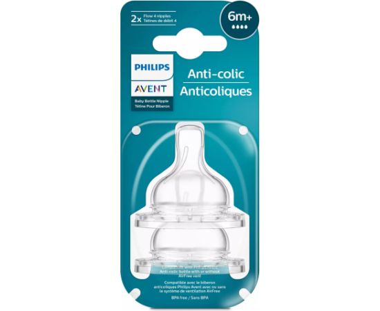 Philips Avent Pretkoliku barošanas pudeļu silikona knupīši, ātras plūsma, 6M+ (2 gab.) - SCY764/02