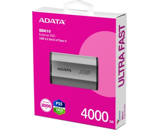 A-data External SSD ADATA SD810 4TB USB-C Write speed 2000 MBytes/sec Read speed 2000 MBytes/sec SD810-4000G-CSG