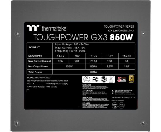 Thermaltake Toughpower GX3 850W, PC power supply (black, 5x PCIe, cable management, 850 watts)