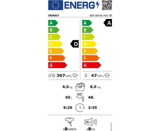 Indesit BDE86436WSVEE Veļas mašīna ar žāvētāju 8/6kg 1400rpm