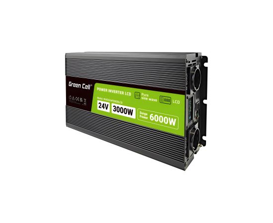 Green Cell Przetwornica napicia PowerInverter LCD 24 V 3000W/60000W Przetwornica samochodowa z wywietlaczem - czysty sinus power adapter/inverter Auto Black