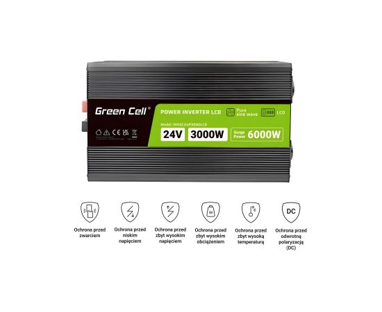 Green Cell Przetwornica napicia PowerInverter LCD 24 V 3000W/60000W Przetwornica samochodowa z wywietlaczem - czysty sinus power adapter/inverter Auto Black