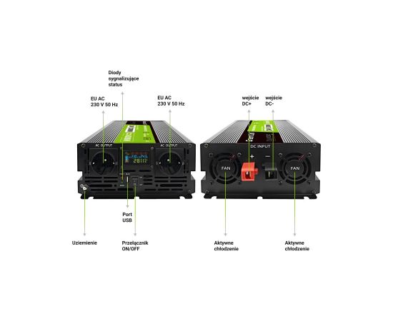 Green Cell Przetwornica napicia PowerInverter LCD 24 V 3000W/60000W Przetwornica samochodowa z wywietlaczem - czysty sinus power adapter/inverter Auto Black