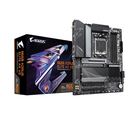 Mainboard GIGABYTE AMD B650 SAM5 ATX Memory DDR5 Memory slots 4 1xPCI-Express 16x 2xPCI-Express 2.0 16x 3xM.2 1xHDMI 1xDisplayPort 4xUSB 2.0 7xUSB 3.2 1xUSB-C 1xRJ45 3xAudio port B650AELITEAXV2