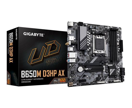 Mainboard GIGABYTE AMD B650 SAM5 Micro-ATX Memory DDR5 Memory slots 4 1xPCI-Express 16x 1xPCI-Express 3.0 1x 2xM.2 1xHDMI 2xDisplayPort 2xUSB 2.0 4xUSB 3.2 1xUSB-C 1xPS/2 1xRJ45 3xAudio port B650MD3HPAX