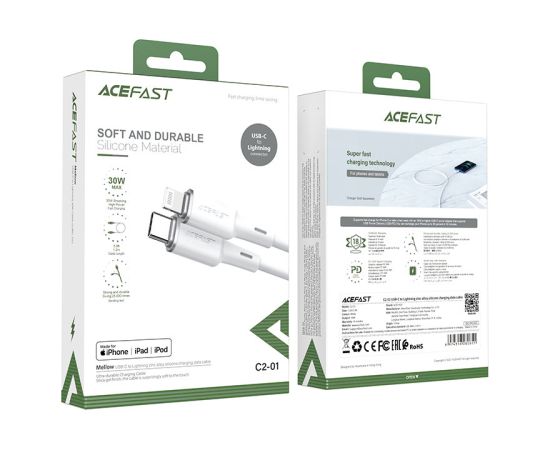 Acefast kabelis MFI USB Type C - Lightning 1,2 m, 30 W, 3A, balts (C2-01 white)