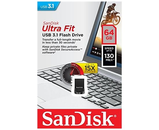 Sandisk Ultra Fit™ USB 3.1 - Small Form Factor Plug and Stay Hi-Speed USB Drive 64 GB, USB 3.1, Black