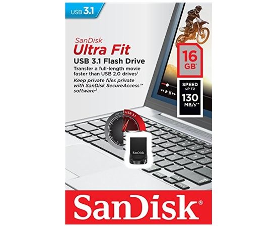 Sandisk Ultra Fit™ USB 3.1 - Small Form Factor Plug and Stay Hi-Speed USB Drive 16 GB, USB 3.1, Black