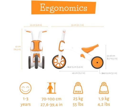 Chillafish Bunzi līdzsvara velosipēds - transformers pašiem mazākajiem 2-in-1, oranžs, no 1 līdz 3 gadiem - CPBN03GIN