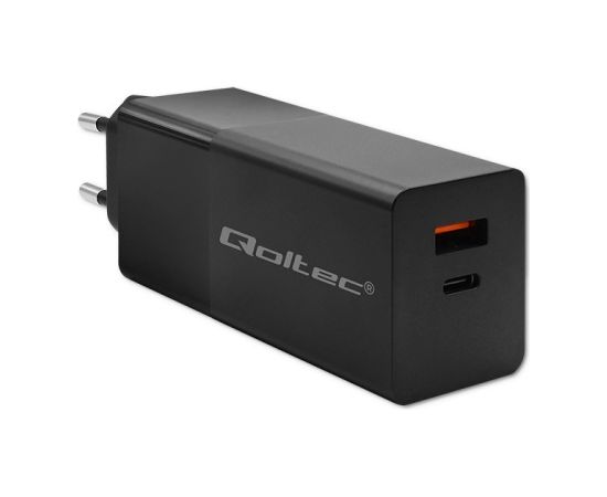 Qoltec 52382 GaN POWER PRO charger | 1xUSB type C | 1xUSB A | 100W | 5-20V | 1.5-5A | PD | Black