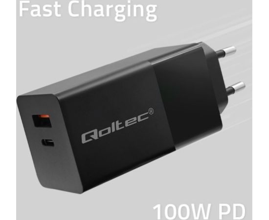 Qoltec 52382 GaN POWER PRO charger | 1xUSB type C | 1xUSB A | 100W | 5-20V | 1.5-5A | PD | Black