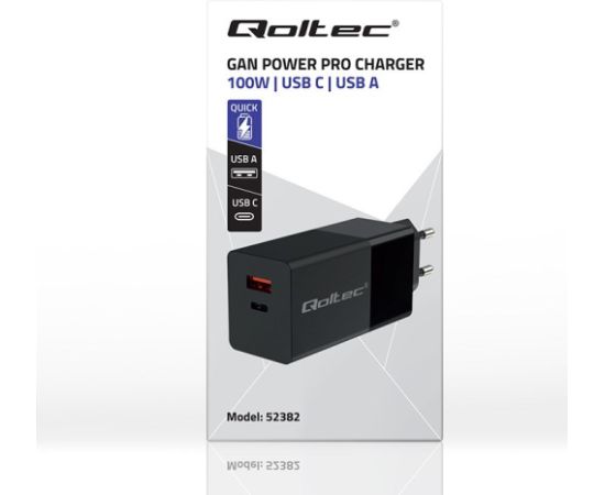 Qoltec 52382 GaN POWER PRO charger | 1xUSB type C | 1xUSB A | 100W | 5-20V | 1.5-5A | PD | Black