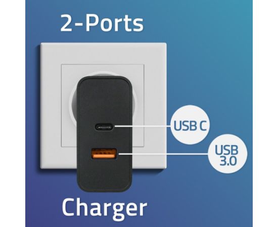 Qoltec 52381 Super Quick PD charger | 1xUSB-C | 1xUSB| 90W | 5-20V | 2.4-4.35A | Black