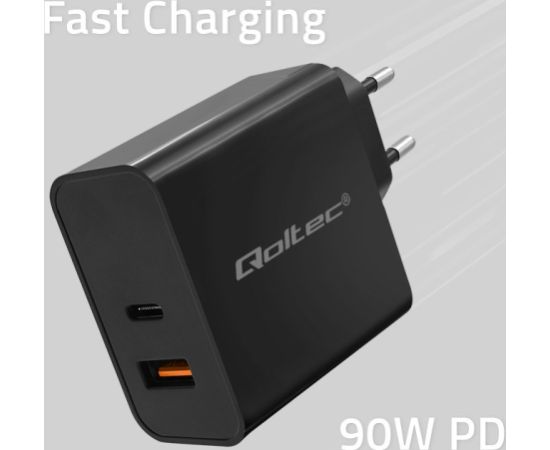 Qoltec 52381 Super Quick PD charger | 1xUSB-C | 1xUSB| 90W | 5-20V | 2.4-4.35A | Black