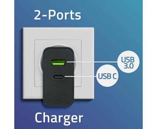 Qoltec 52378 Super Quick PD Charger | 1xUSB-C | 1xUSB | 45W | 5-20V | 2.25-3A | Black