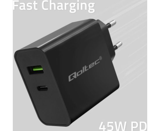 Qoltec 52378 Super Quick PD Charger | 1xUSB-C | 1xUSB | 45W | 5-20V | 2.25-3A | Black