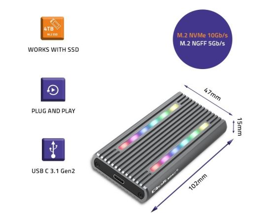 Qoltec 52272 Enclosure for drive M.2 SSD | SATA | NVMe | RGB LED | USB-C | 4TB