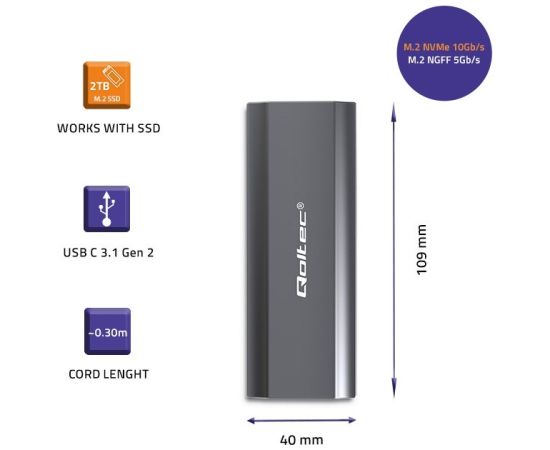 Qoltec 52271 Enclosure NV2271 for drive M.2 SSD | SATA | NVMe | USB-C | 2TB