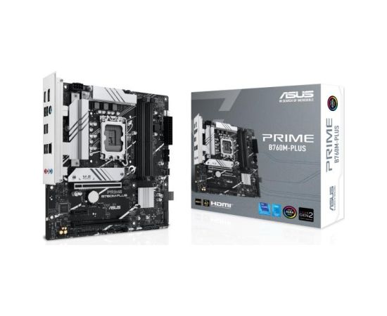 Mainboard ASUS Intel B760 Express LGA1700 Micro-ATX Memory DDR5 Memory slots 4 1xPCI-Express 4.0 1x 2xPCI-Express 4.0 16x 2xM.2 1xHDMI 1xDisplayPort 4xUSB 2.0 2xUSB 3.2 1xPS/2 1xRJ45 3xAudio port PRIMEB760M-PLUS