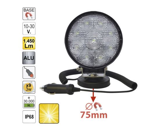 Darba lampa ar kliedētu gaismu, magnētisks stiprinājums, 9LED, 3W, JBM