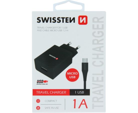 Swissten Travel Smart IC USB 1A зарядное устройство + кабель для передачи данных USB / Micro USB 1.2m