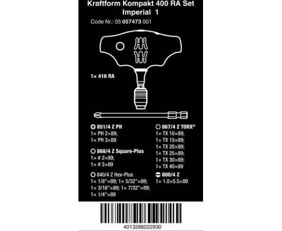 Wera Kraftform Kompakt 400 RA Imperial Set 1, with ratchet function, bit set (black/green, 1/4", 17 pieces)