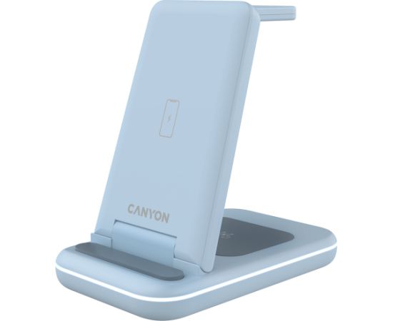 CANYON WS-304, Foldable  3in1 Wireless charger, with touch button for Running water light, Input 9V/2A,  12V/1.5AOutput 15W/10W/7.5W/5W, Type c to USB-A cable length 1.2m, with QC18W EU plug,132.51*75*28.58mm, 0.168Kg,Blue