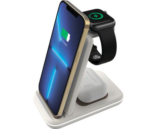 CANYON WS-304,  Foldable  3in1 Wireless charger, with touch button for Running water light, Input 9V/2A,  12V/1.5AOutput 15W/10W/7.5W/5W, Type c to USB-A cable length 1.2m, with QC18W EU plug,132.51*75*28.58mm, 0.168Kg, Cosmic Latte