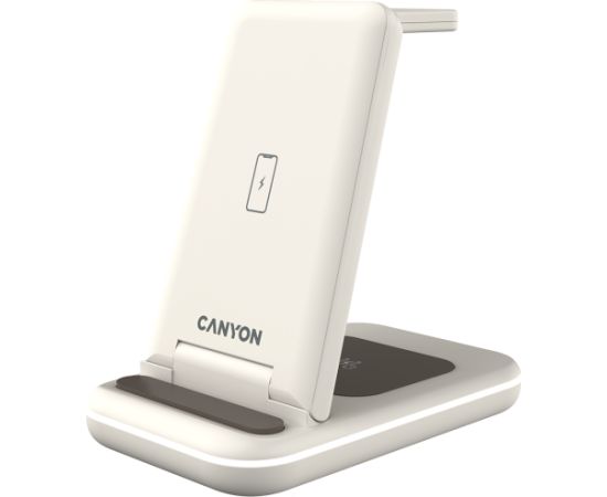 CANYON WS-304,  Foldable  3in1 Wireless charger, with touch button for Running water light, Input 9V/2A,  12V/1.5AOutput 15W/10W/7.5W/5W, Type c to USB-A cable length 1.2m, with QC18W EU plug,132.51*75*28.58mm, 0.168Kg, Cosmic Latte