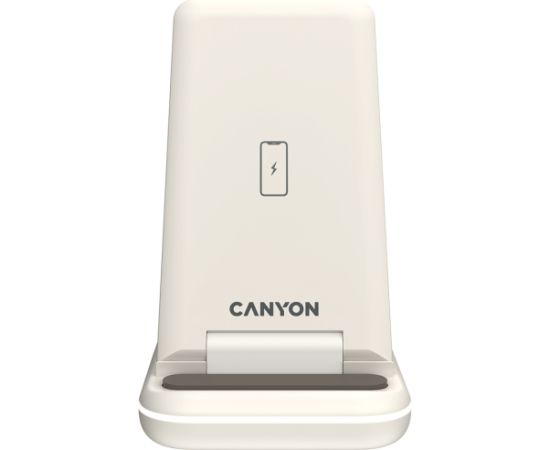 CANYON WS-304,  Foldable  3in1 Wireless charger, with touch button for Running water light, Input 9V/2A,  12V/1.5AOutput 15W/10W/7.5W/5W, Type c to USB-A cable length 1.2m, with QC18W EU plug,132.51*75*28.58mm, 0.168Kg, Cosmic Latte