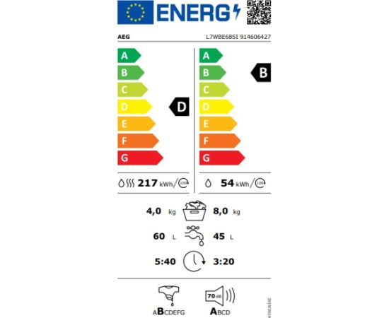 AEG L7WBE68SI Velas mazg. mašīna ar žāvētāju, pabūvējama 8kg 1600rpm ProSense DualSense