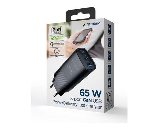 Gembird TA-UC-PDQC65-01-BK 3-port 65 W GaN USB PowerDelivery fast charger, black