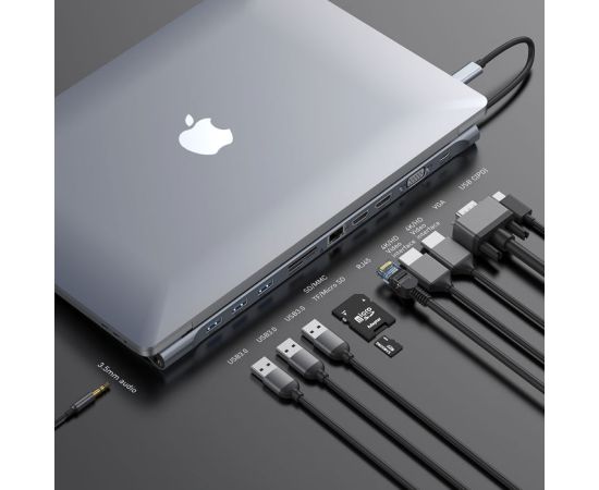 Baseus Enjoyment 11in1 USB-C intelligent HUB Type-C PD/HD4K*2/VGA/RJ45/SD/TF/USB*3/Audio*1/Stand Dark gray