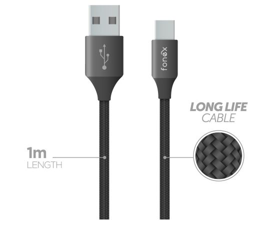 Data Cable USB to Type-C 12W Ultra-Resistant 1m By Fonex Black