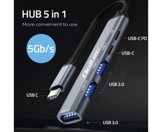 Qoltec 53790 Hub Adapter USB-C 3.1 5in1 | USB-C PD| USB-C | 2x USB 2.0 | USB 3.0