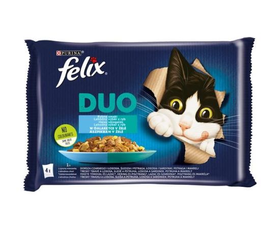 Purina Felix Fantastic Duo- black cod, salmon, herring, trout, salmon, sardines, trout, mackerel in jelly - 4x85g