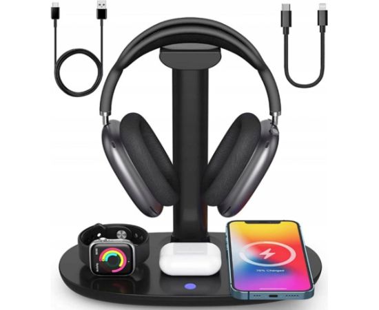 CP X5W 4in1 15W Wireless Magsafe Qi uzlādes stends iPhone Watch Airpods un citiem + austiņu turētājs melns