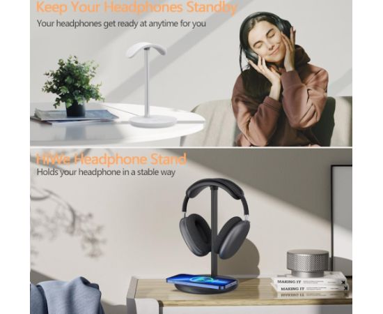 CP X5W 4in1 15W Wireless Magsafe Qi uzlādes stends iPhone Watch Airpods un citiem + austiņu turētājs melns