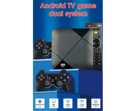 Tvix M8 Mini 2in1 4K mediju kaste + Retro spēļu konsole 2x Wi-Fi vadības pults & 6x platforma 8-64 bitu 5000 spēles