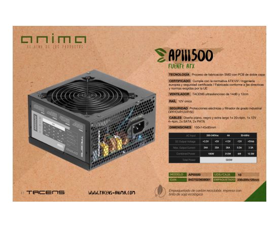 Tacens APIII500 Barošanas Bloks ATX 500W / 120mm / 85% Bronze