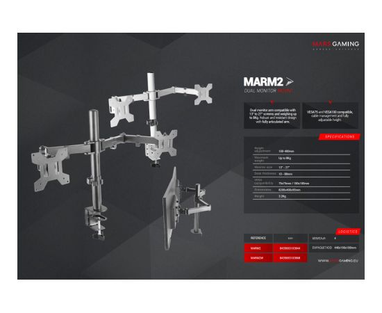 Mars Gaming MARM2W 2x Monitoriem statīvs ar galda stiprinājumu