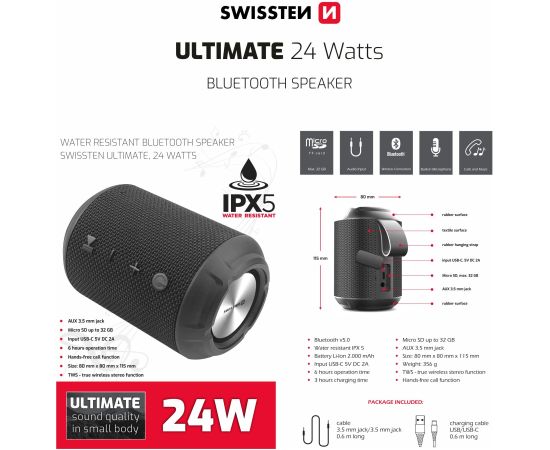 Swissten Ultimate Bluetooth Portatīvais Skaļrunis 24W