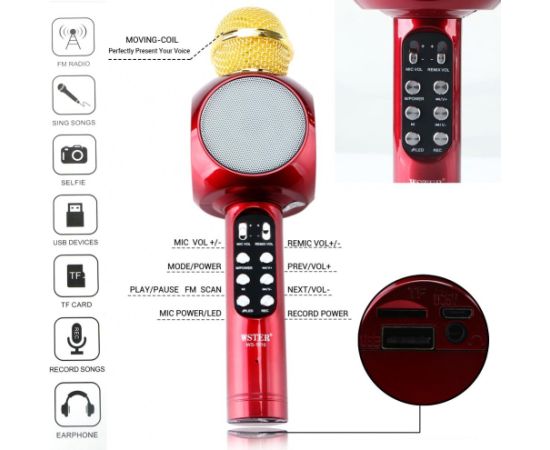 Goodbuy LED 360 караоке микрофон с динамиком bluetooth | 5 Вт | aux | голосовой модулятор | USB | Micro SD красный