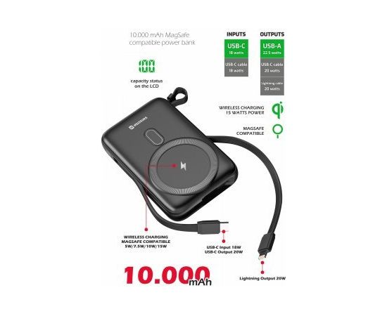 Swissten Ārējās uzlādes Baterija 10000 mAh 20W ar iebūvētiem USB-C un Lightning kabeļiem (Saderīgs ar MagSafe)