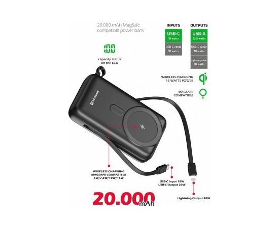 Swissten Ārējās uzlādes Baterija 20000 mAh 20W ar iebūvētiem USB-C un Lightning kabeļiem (Saderīgs ar MagSafe)