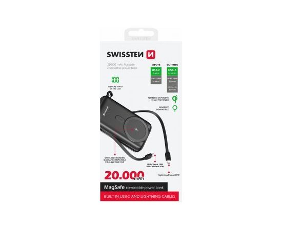 Swissten Power Bank 20000 mAh 20W со встроенными кабелями USB-C и Lightning (совместим с MagSafe)