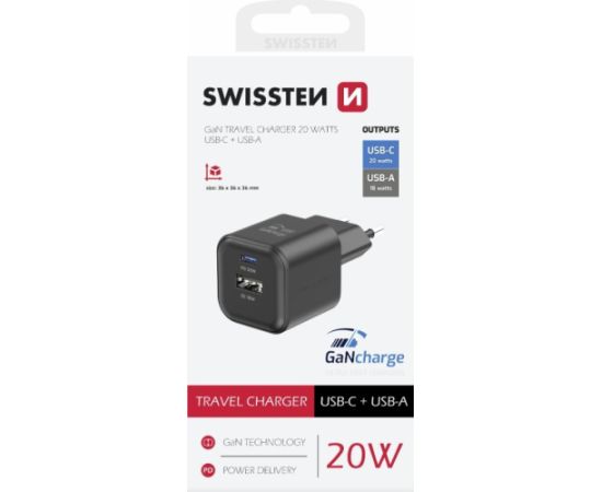 Swissten Tīkla Lādētājs GaN USB-C 20W PD / USB-A 18W QC